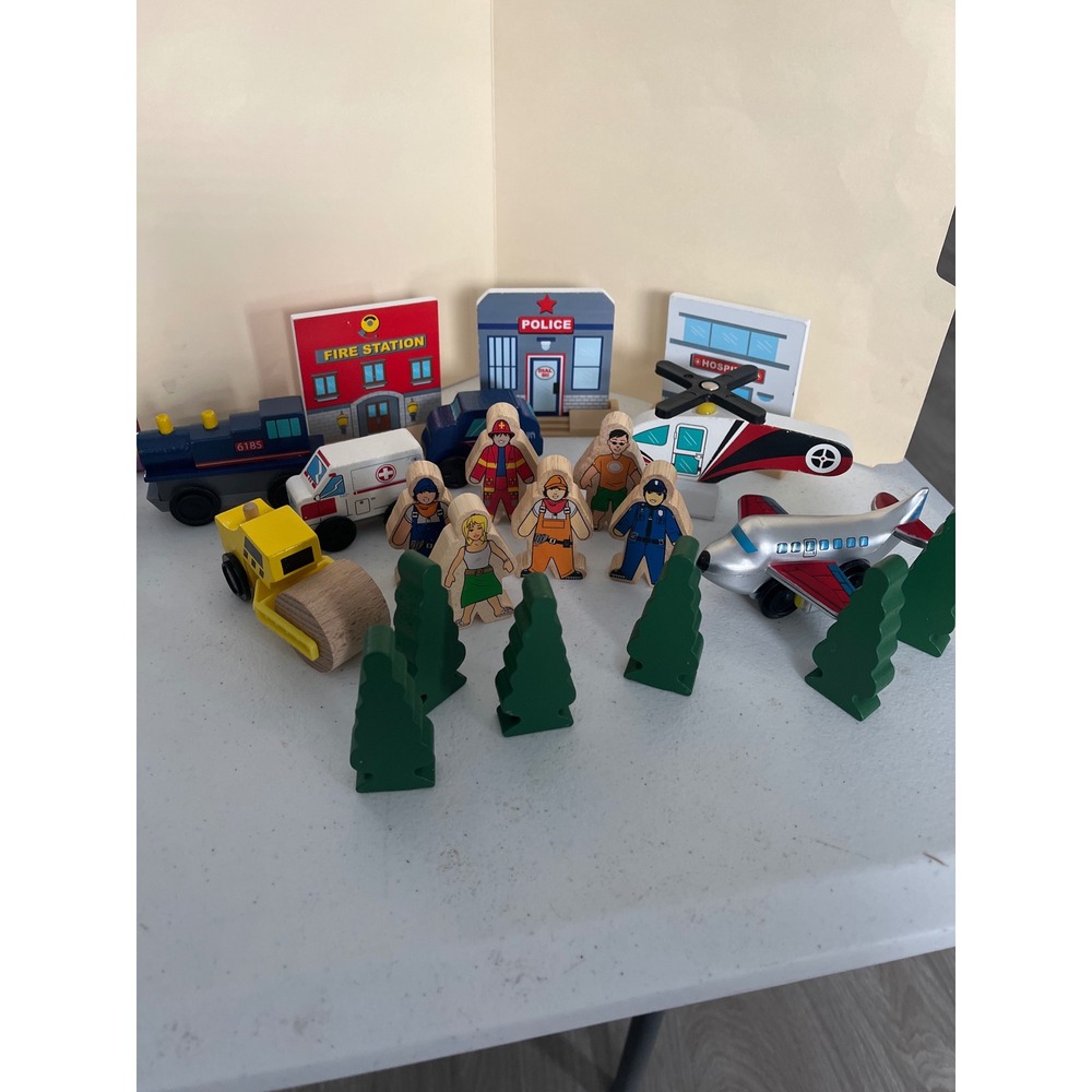 Wooden Community Play Set Emergency Vehicles Buildings Figures Trees 20pc Lot